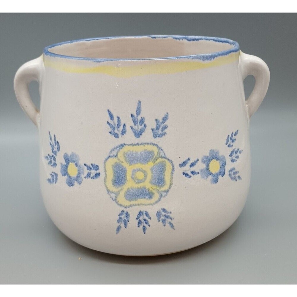 Vintage AMNION Clay Pottery Handpainted ALGARVE Blue Yellow CROCK w Two Handles
